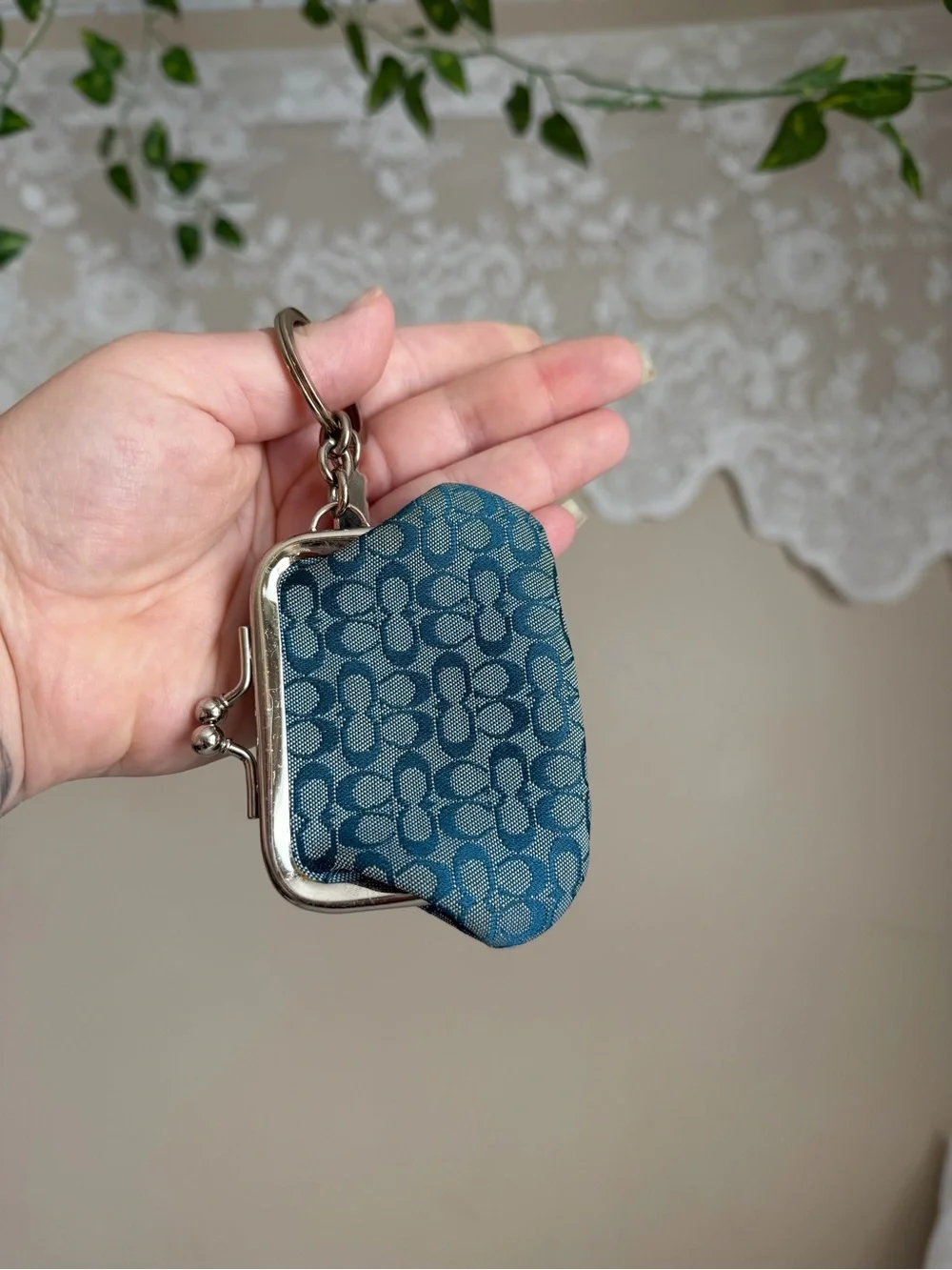 Coach Blue Signature Kiss-Lock Coin Purse Keyring